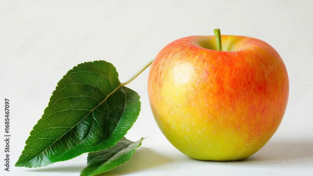 Poster an apple with a leaf next to it on a simple white background