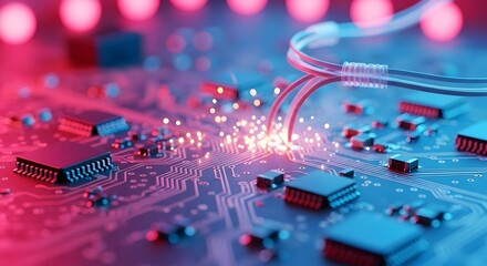 Close up view of illuminated fiber optic cables connecting to a complex circuit board with glowing components
