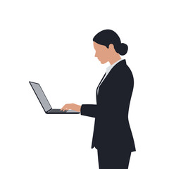 Professional businesswoman in a dark suit focused on her laptop working diligently on a white background