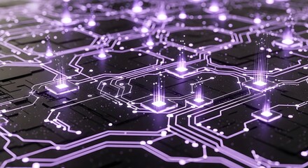 Abstract glowing purple network of interconnected circuits and data pathways representing digital connections