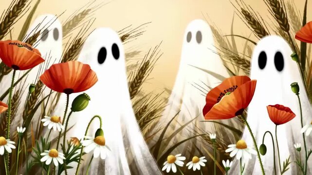 Friendly White Ghosts Floating Among Golden Wheat Stalks and Bright Red Fall Flowers in Peaceful Autumn for Halloween Theme