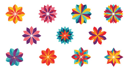 Collection of colorful geometric floral designs with vibrant petals and abstract shapes for decorative purposes