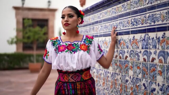 Beautiful Young Mexican Woman in Colorful Traditional Huipil Dress, Dancing Gracefully Near Historic Talavera Ceramic Tile Wall in Mexican Courtyard Setting, Cultural Fashion