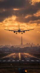 Plane Landing in Paris at Golden Hour