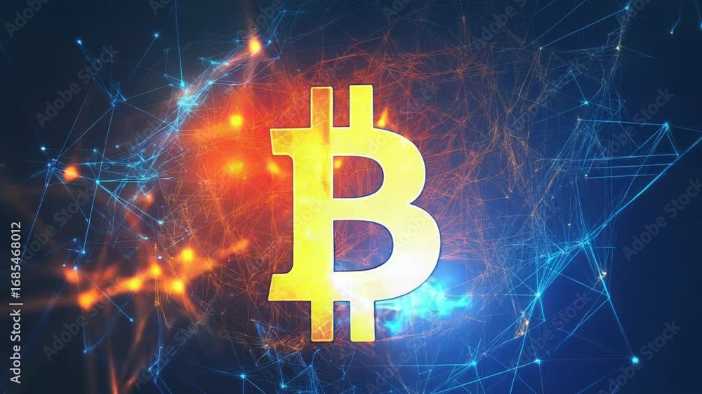 Poster Bitcoin cryptocurrency symbol burning on blockchain network background
