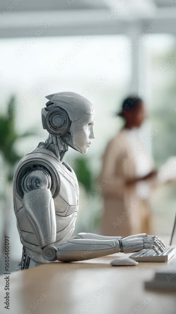 Poster advanced humanoid robot efficiently working on a laptop in a modern office environment, showcasing t