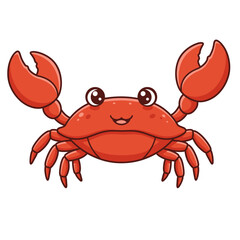 Cute cartoon red crab with big claws raised in a friendly gesture on a white background