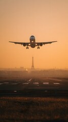 Plane Landing in Paris at Golden Hour