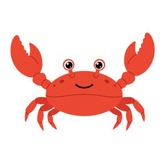 Cute cartoon red crab with big claws and happy expression isolated on white background