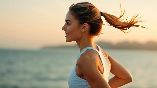 A woman jogging by the water during sunset, radiating joy and vitality. - Powered by Adobe