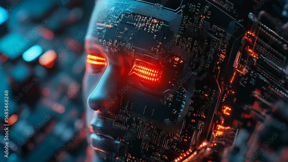 Poster artificial intelligence robot face emerging from circuit board