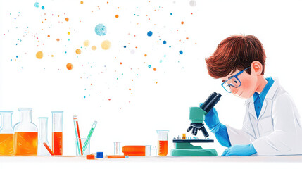 Young scientist examines samples microscope, surrounded by colorful laboratory equipment and vibrant particles air, showcasing curiosity