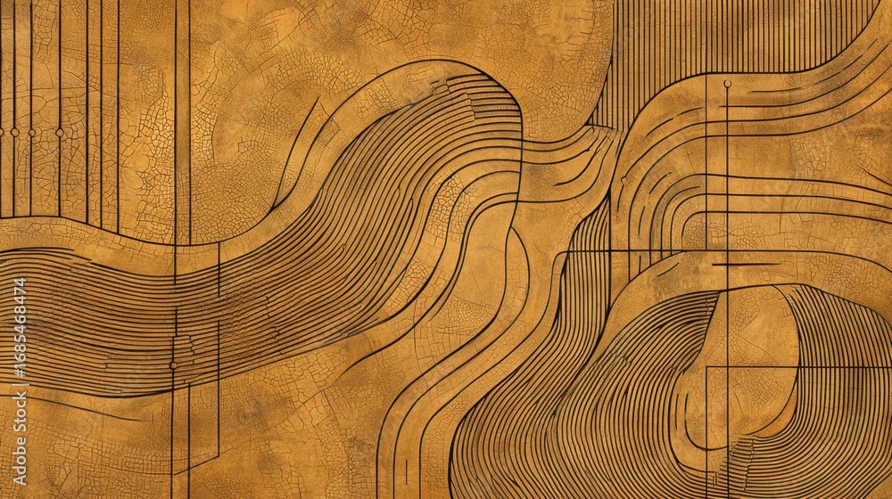 Poster abstract design featuring flowing lines and textured patterns in warm golden hues