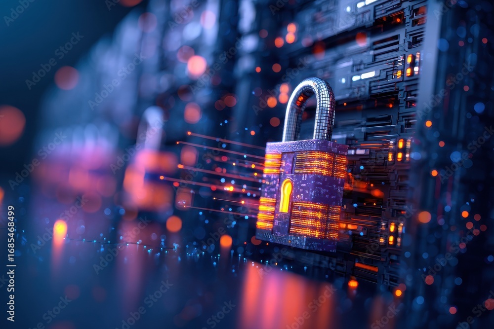 Poster a digital representation of a secure padlock amidst a futuristic background of servers and glowing d
