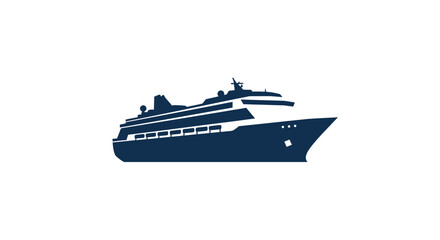 Modern navy blue cruise ship silhouette sailing on a white background representing travel and leisure