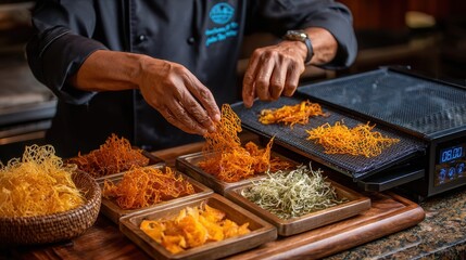 Chef Preparing Colorful Edible Garnishes with Precision and Skill