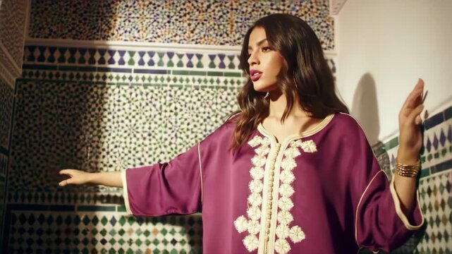 Young Female Moroccan Model in Luxurious Traditional Kaftan Robe Posing Elegantly Against Intricate Handcrafted Islamic Zellige Mosaic Tile Pattern, Cultural Fashion