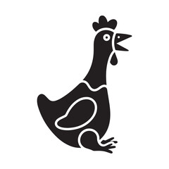 Stylized Black Chicken Illustration with Open Beak on White Background