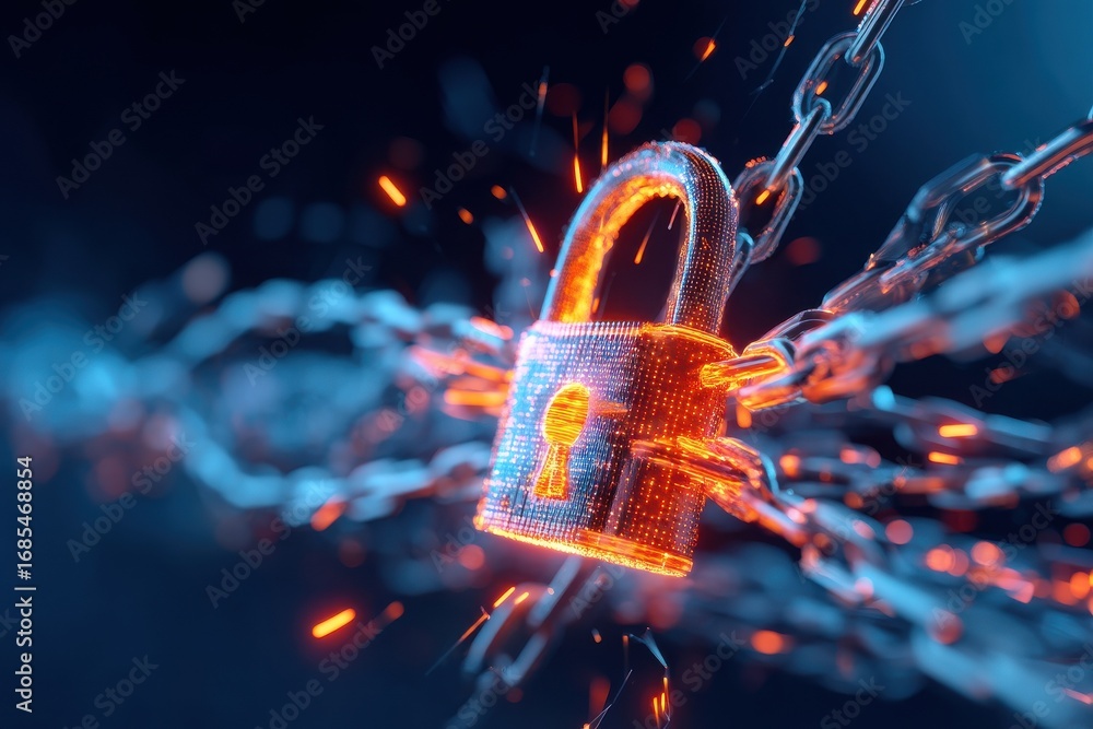 Poster a glowing padlock is surrounded by shimmering chains, symbolizing security and protection in a digit