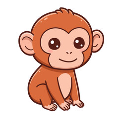 Adorable cartoon baby monkey sitting and smiling with big innocent eyes and fluffy brown fur