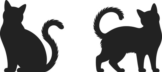 Flat vector illustration of two black cats sitting and standing, furry tail silhouette, isolated animal vector art, feline shapes