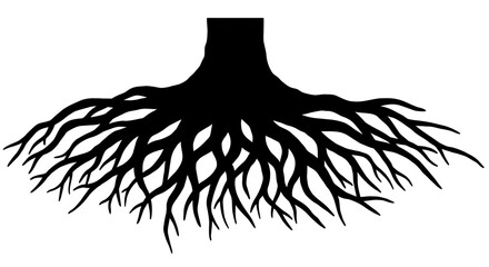 Intricate black silhouette of a tree s root system spreading out from the trunk base