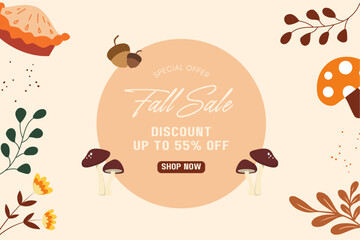 Fall Sale background, banner, poster or flyer design. text fall for it 55 % off. Template for advertising, web, social and fashion ads. vector illustration.
