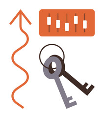 Arrangement of two keys, an upward-curving arrow, and a control panel with sliders. Ideal for security, growth, access, flexibility, control strategy and innovation themes. Simple flat metaphor