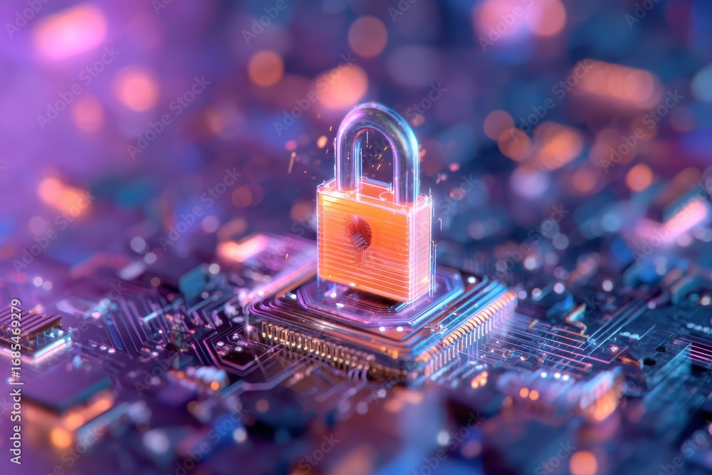 Poster a digital lock secures a microchip, symbolizing cybersecurity and data protection in a vibrant, mode