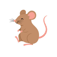 Cute cartoon brown mouse with big ears and a long pink tail sitting and looking to the side