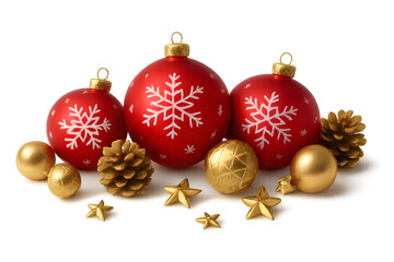 Festive red christmas ornaments with white snowflakes and golden pine cones and stars isolated on transparent background
