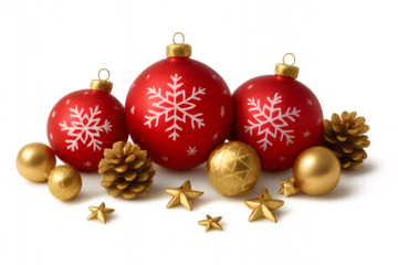 Festive red christmas ornaments with white snowflakes and golden pine cones and stars isolated on transparent background