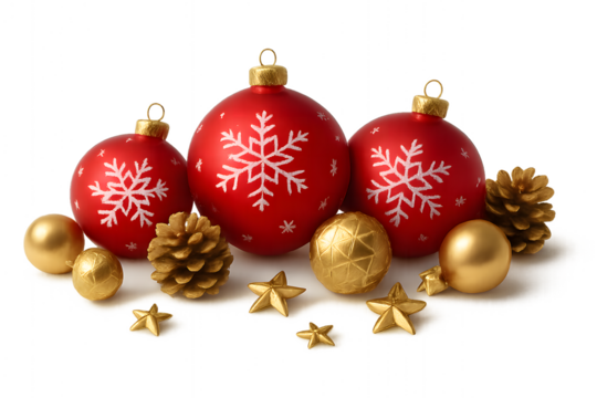 Festive red christmas ornaments with white snowflakes and golden pine cones and stars isolated on transparent background