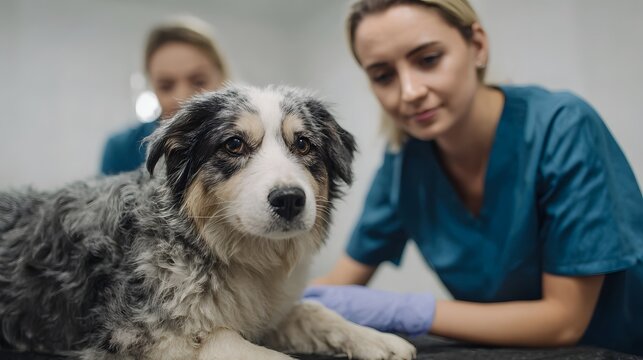 Veterinary professionals gently examine a merle coated dog during a routine check up in a bright clean clinic environment