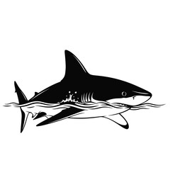 Black and white illustration of a shark swimming in water