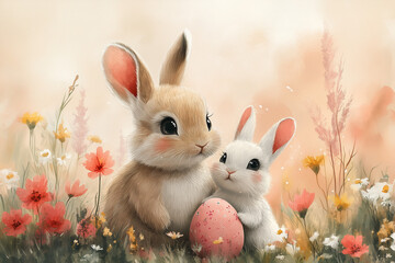 Two adorable bunnies surrounded by colorful flowers share a tender moment with an Easter egg.