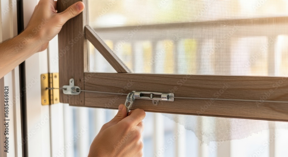Poster side angle showing a sagging screen door lifted manually while a turnbuckle is twisted to set the co