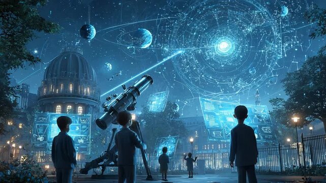 STEM education astronomy students exploring galaxy with holographic visuals &ndash; Video 4K UHD 60fps