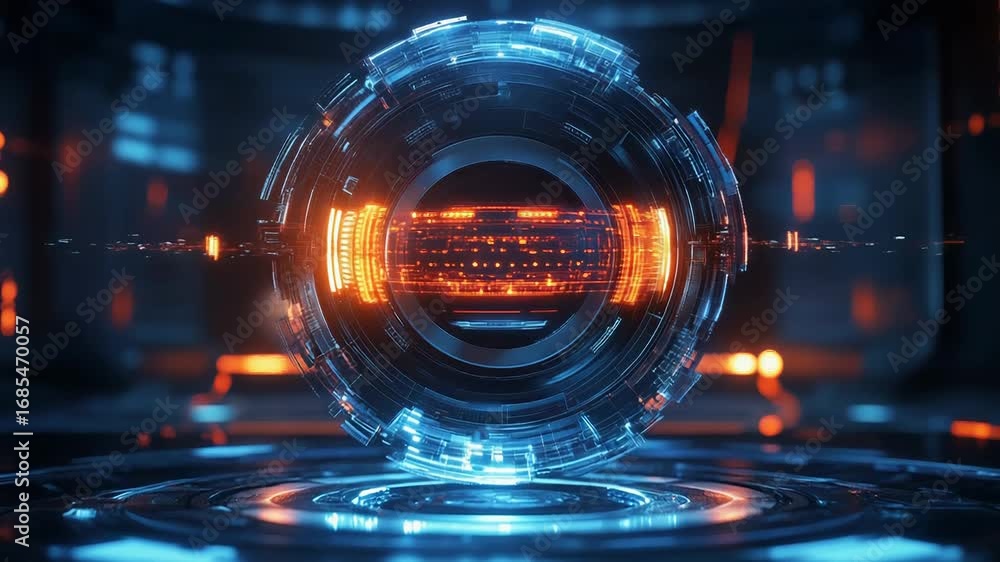 Poster futuristic glowing orb rotating on platform in digital environment