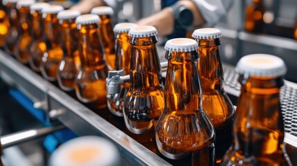 Bottles of amber beverage moving down production line in modern bottling facility with blurred workers in background