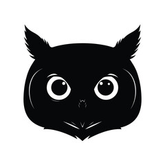Black silhouette illustration of an owl's face with large eyes on a white background