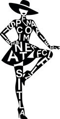 Vector vector art of silhouette of a woman in a hat and dress made of text, transparent background