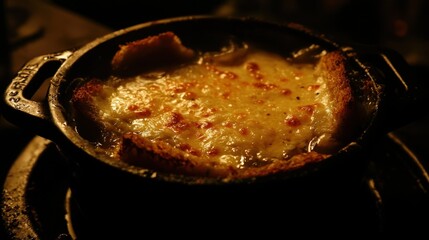 Fototapeta premium Melty cheese dish served in a cast iron pot with crusty bread on a rustic table