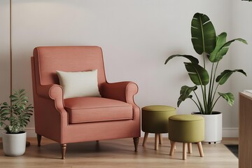 cozy interior scene featuring a coral-colored armchair with a white cushion, two small green footstools
