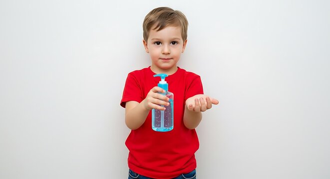 Caucasian child holding hand sanitizer