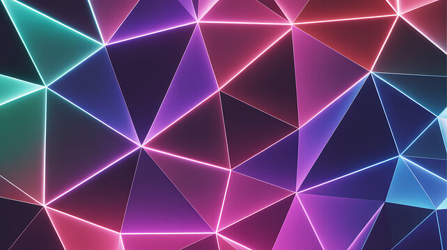A futuristic, low-poly background with glowing, multi-colored lines outlining a geometric pattern.