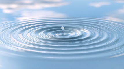 Water droplet creating expanding ripples across a reflective blue surface with soft sky reflections, symbolizing calm balance in a minimalist design