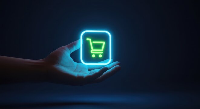 Digital Shopping Icon: A human hand delicately cradles a glowing neon shopping cart icon, set against a dramatic dark backdrop, highlighting the ease and convenience of online retail.