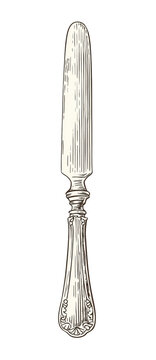 A vertical silver dinner knife with ornate handle