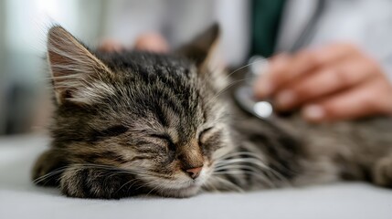 Fototapeta premium A veterinarian gently examines a sleeping tabby kitten with a stethoscope during a routine health check up in a clean clinic environment